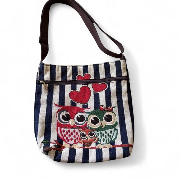 Source Unknown Handbags - Owl Striped Canvas Crossbody Bag Blue‎ White Whimsy Kawaii Heart Hearts Purse